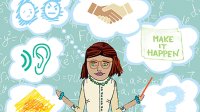 An illustration of a female teacher with six thought bubbles behind her. The six thought bubbles show: a question mark, the words, "Make it happen," a hand shake, an angry and sad face, a listening ear, and a drawing of a turtle. 