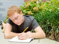 A red-headed, teenage boy is lying on the sidewalk, beside pink hydrangea plants, drawing in a sketch book. Behind him is a brick building. 