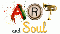ART and Soul with the A as splashes of paint; R, an antique typewriter key; and T a trumpet and tuba