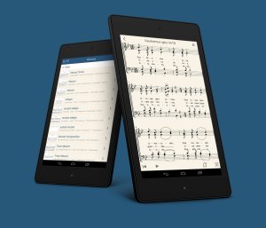 Illustration showing two views of the app MuseScore on tablet computers