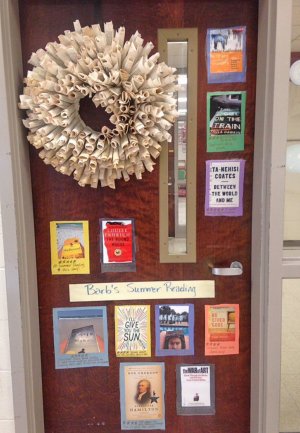 A door decorated with images of book covers