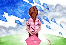 Illustration of a girl standing on a hill holding a kite