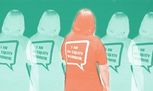 An orange silhouette of a person wearing a t-shirt that says 'I am an Equity Warrior' on the back. To the left and to the right are two more of the same silhouettes, but in green.