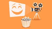 Illustration of a film camera projecting a smiley face with popcorn in the foreground