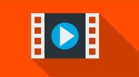 An illustration of a square 35 millimeter film against an orange backdrop with the video play button on top. 