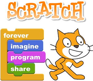 Scratch Cat walking away from forever, imagine, program, and share blocks