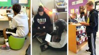 Multiple images of workspaces in the author’s classroom