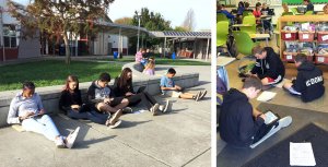 Students sit on carpet squares in the classroom and outdoors.