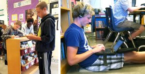Students work while sitting or standing.