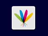 Illio of a green, blue, pink, and yellow feather arranged like a fan on a computer button icon