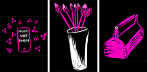 Pen drawing of a mobile device, paint brushes in a cup, and a toolbox