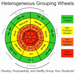 Color-coded wheel with seven groups indicated by Advanced Leaders, High Proficient Readers, Low Proficiet Readers, and Basic Readers