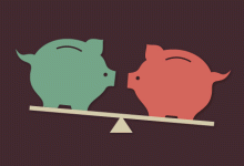 A green and red piggy bank are standing on both ends of a seesaw. 
