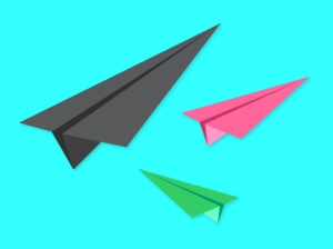 Different colored paper airplanes rising