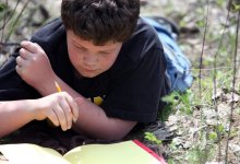 A young boy is lying in the grass with a pencil in his hand, looking down at a red notebook filled with yellow paper