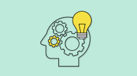 Graphic of head with gears and lightbulb
