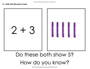 Discussion card showing 2 + 3 next to five vertical lines and the questions “Do these both show 5? How do you know?”