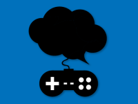 An illustration of a quotation bubble connected to a game controller.