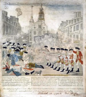 An engraving by Paul Revere of the Boston Massacre of 1770