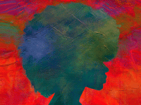 A painting of a side profile silhouette of a black woman with an afro in greens and blues with a bright background of pink, orange, yellow, and purple.