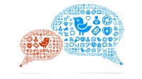 Two speech bubbles formed from icons indicating Twitter and other digital tools