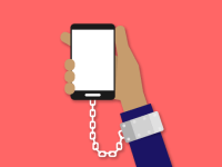 An illustration of a hand chained to a smartphone.