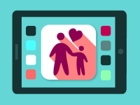 Graphic of tablet screen with image of parent and child