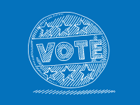 The word vote is written in block letters within a rectangle within a circle against a blue backdrop. Within the circle, three stars are below and above the word vote.