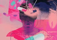 An abstract drawing of a teenage boy in pinks and dark blues, half of his head is covered in shadows with painkiller capsules floating about him