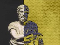 This image is of a statue of Homer, the author of the Iliad and the Odyssey. The left side of the statue is untouched, and the right side of the statue is digitally edited, appearing pixelated in green and purple.