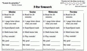 Homework plan for Monday through Thursday