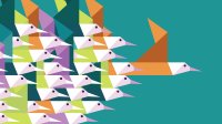 An illustration of a flock of birds flying against a teal background.