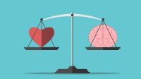 An illustration of a heart and a brain on a weighing scale measured at equal weight.