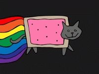 An illustration of a dark gray cat with a pink Pop-Tart as its body and a rainbow as its tail against a black background.