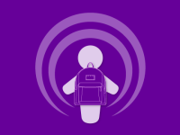 Illustration of a purple podcasting icon wearing a backpack