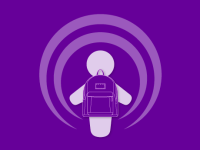 Illustration of a purple podcasting icon wearing a backpack