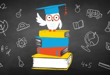An illustration of an owl drawn on a chalkboard wearing glasses and a graduation cap standing on four books.