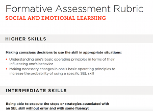 Social and Emotional Learning formative assessment rubric outlining what skills qualify as intermediate and advanced. 