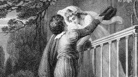 A black and white, grainy, Shakespearean illustration of a man holding onto a rope from a balcony, looking up towards a woman in a white dress standing on the balcony.