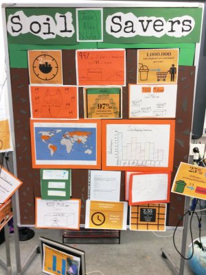 A display board covered with images supporting a student’s written work