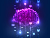 A purple, digitized brain, floating against a blue, digitized backdrop with the numbers one and zero forming vertical lines across the brain.