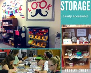 Shelving with bins for storage and girls working at a table