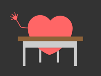 An illustration of a heart at a school desk, raising its hand.