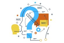 Illustration showing the outline of a human head with a question mark and other icons symbolizing thinking
