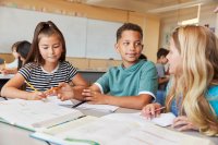 A classroom of elementary students working together in small groups