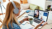 Woman on video work call at home 