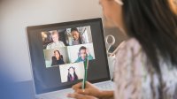 Teacher working with students during group chat in remote learning session