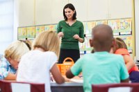 A teacher standing at the front of an elementary class