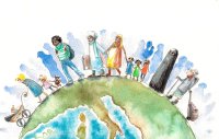 A watercolor painting depicting people of all nationalities and backgrounds walking across the globe