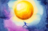A watercolor painting of a silhouette of a person jumping up in the night sky to reach a glowing, golden moon